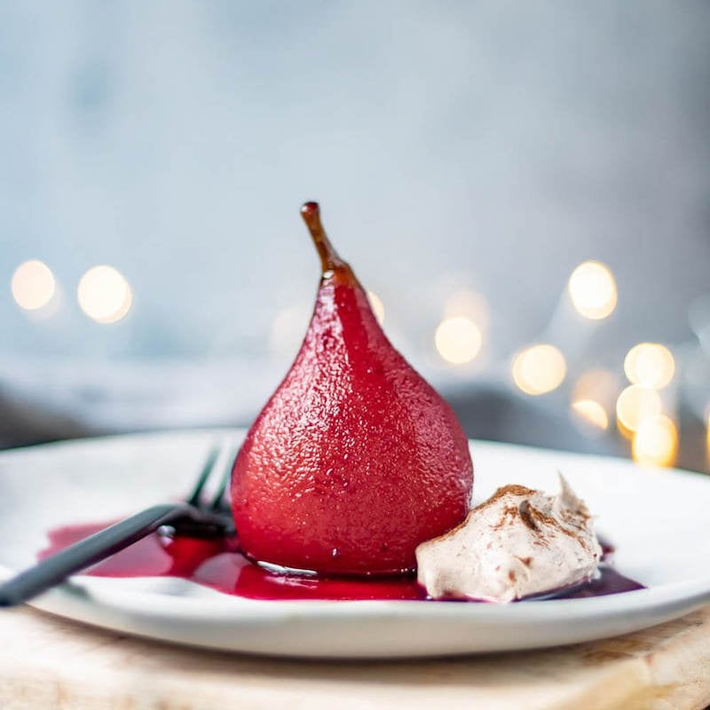 Poached Pears in Red Wine With Cinnamon Cream