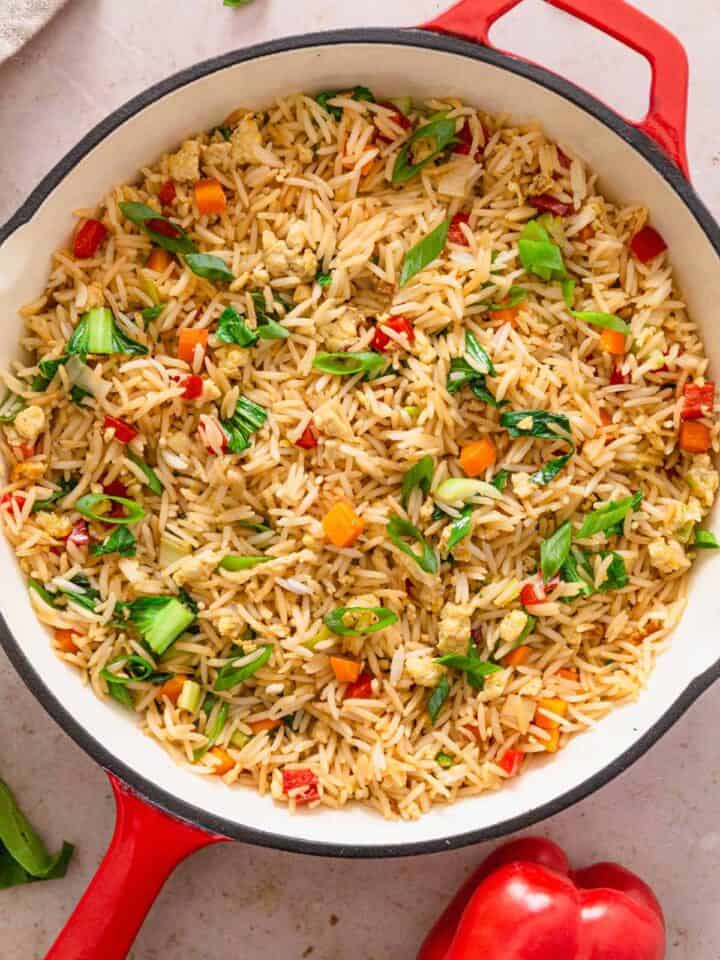 egg fried rice in white skillet