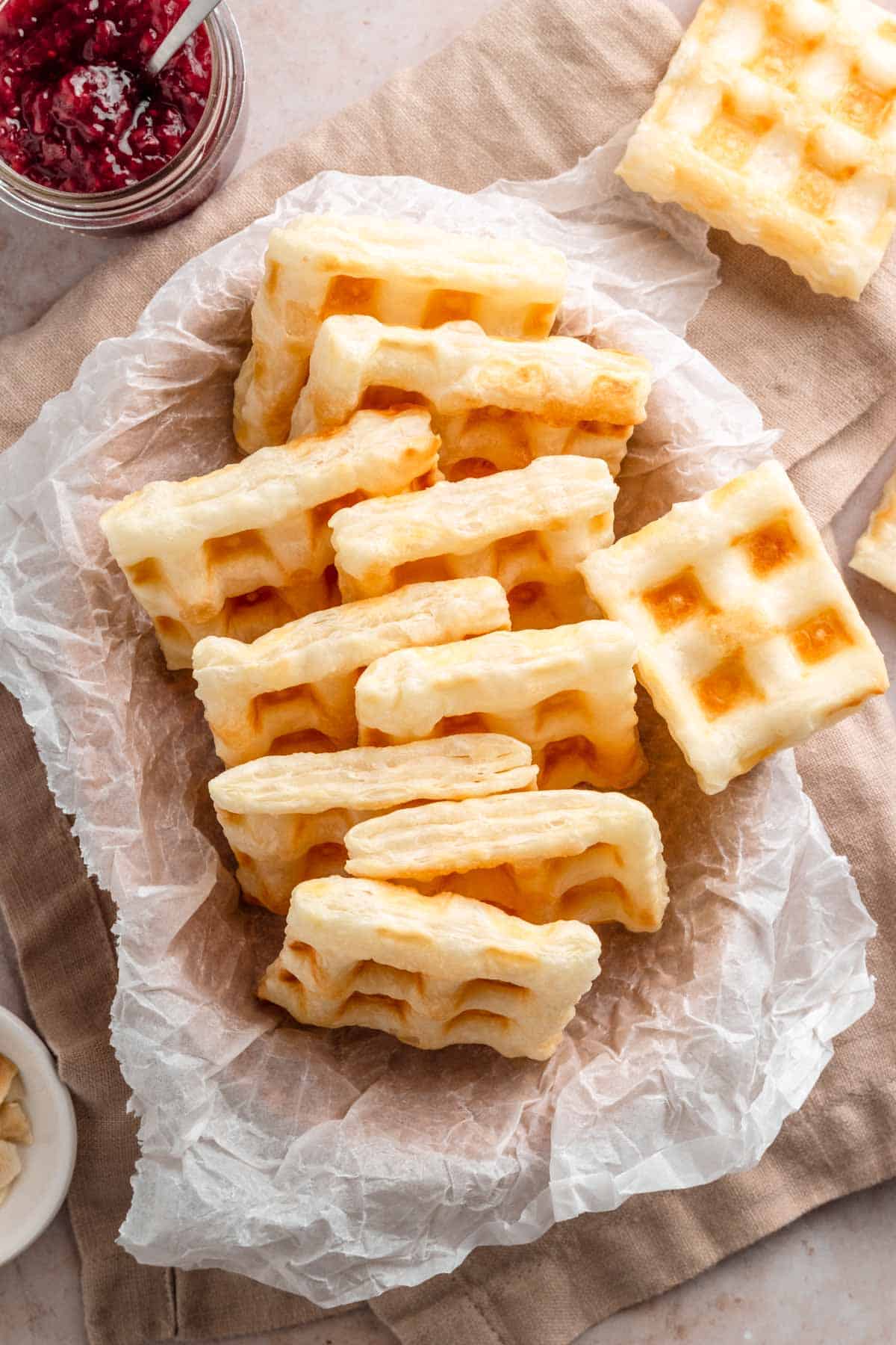 Puff pastry waffles with cream cheese and jam.