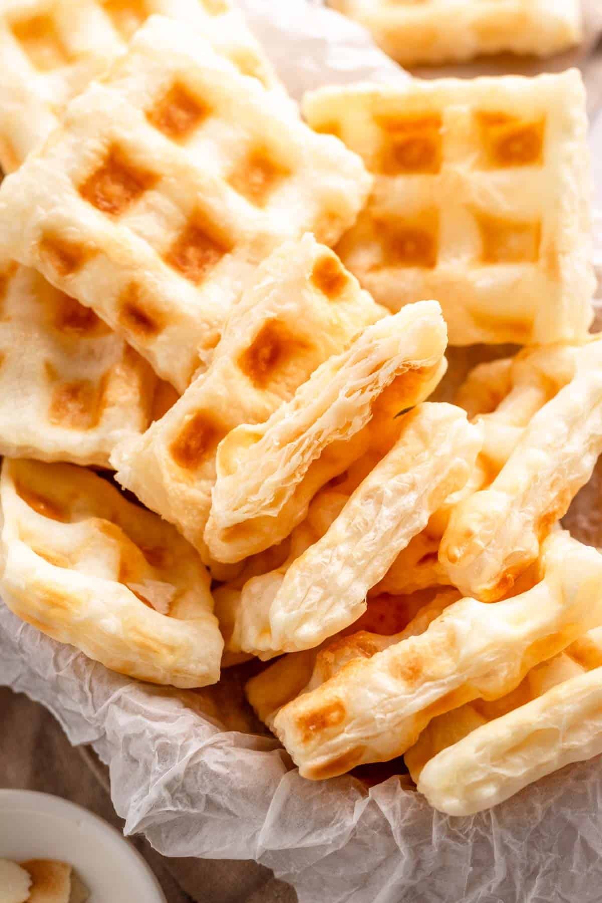 Puff pastry waffles with cream cheese and jam.
