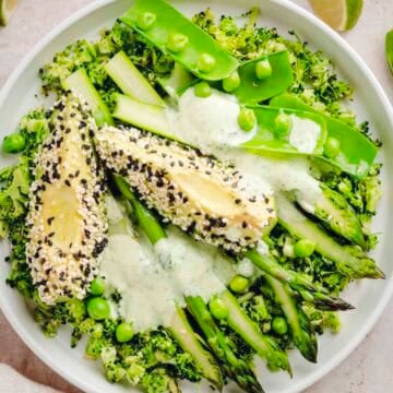 Healthy Warm Broccoli ‘Rice’ Salad with Asparagus.