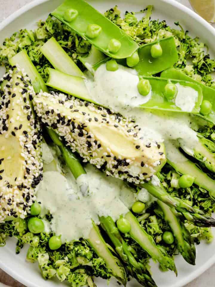 Healthy Warm Broccoli 'Rice' Salad with Asparagus.
