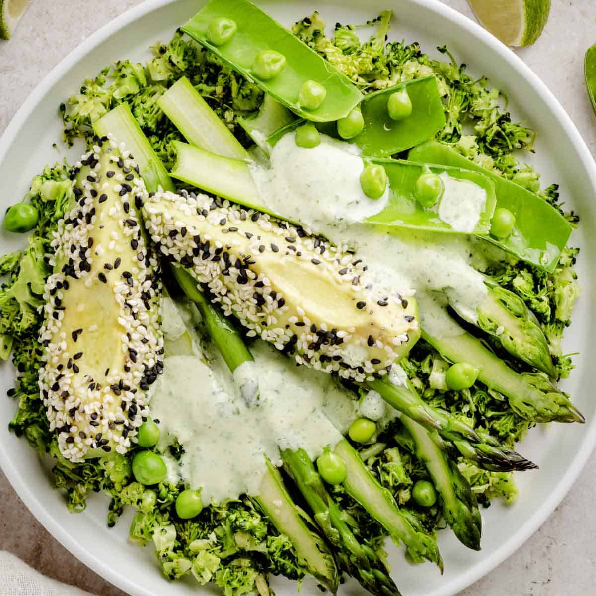 Healthy Warm Broccoli 'Rice' Salad with Asparagus.
