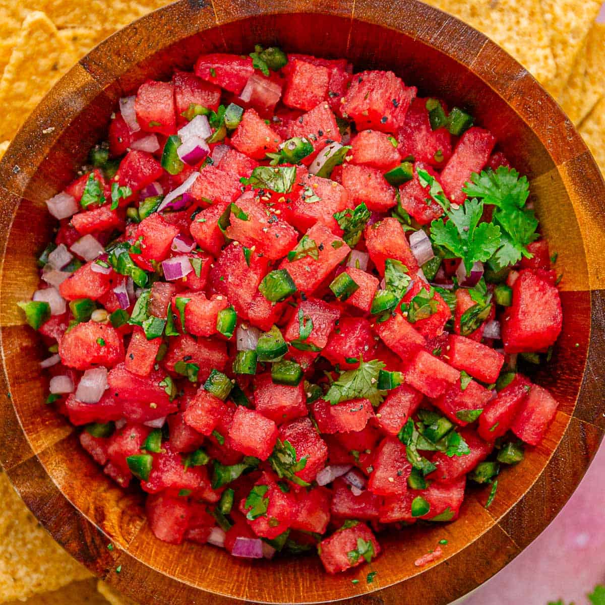 watermelon salsa served with tortilla chips.