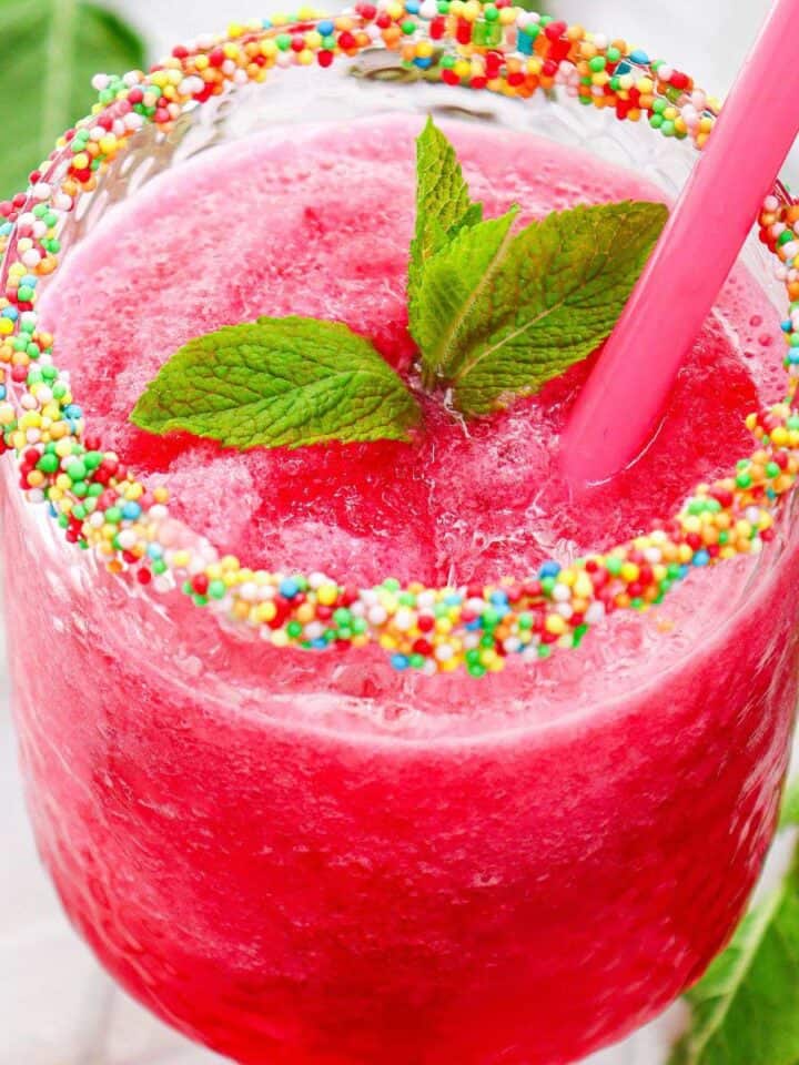 watermelon slushie recipe with garnishes.