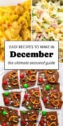 December recipes featuring creamy chicken tortellini, ham pasta salad, and festive chocolate bark topped with pretzels, candy-coated chocolates, and colorful sprinkles for the holiday season.