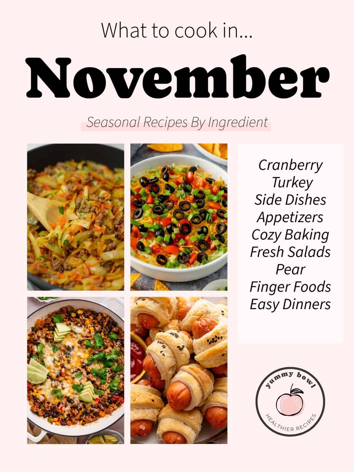 What to Cook in November seasonal recipe guide featuring ground beef and cabbage, layered taco dip, a cheesy skillet dinner, and pigs in a blanket.