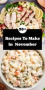 November recipes featuring a grilled chicken Caesar salad and a creamy Russian potato salad, highlighting fresh salads and classic holiday side dishes.