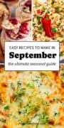 September recipes featuring a cranberry yogurt parfait, spicy cauliflower rice, and a cheesy spinach casserole, highlighting cozy seasonal breakfasts, side dishes, and comfort meals.