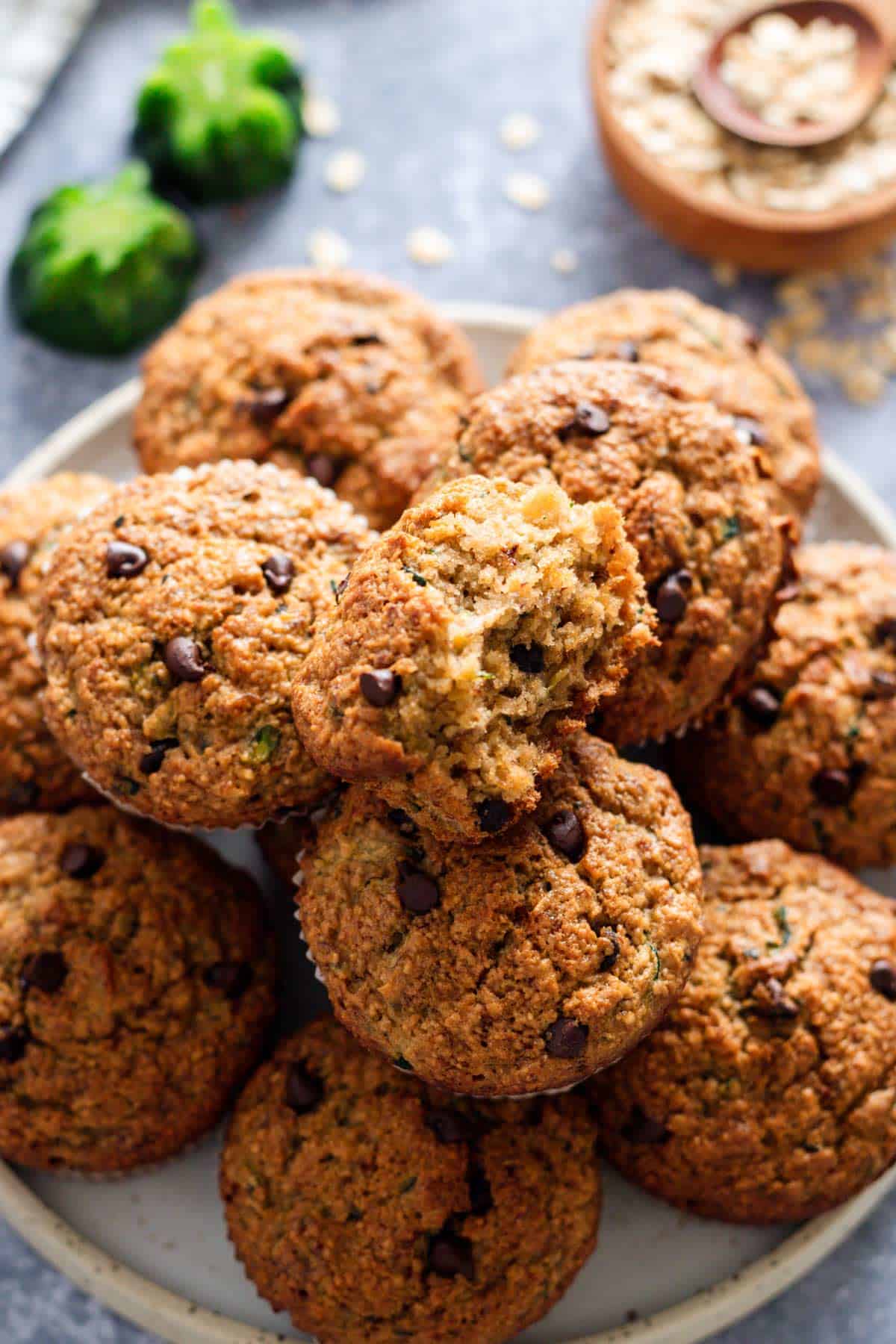 a bite shot from zucchini chocolate chip muffins.